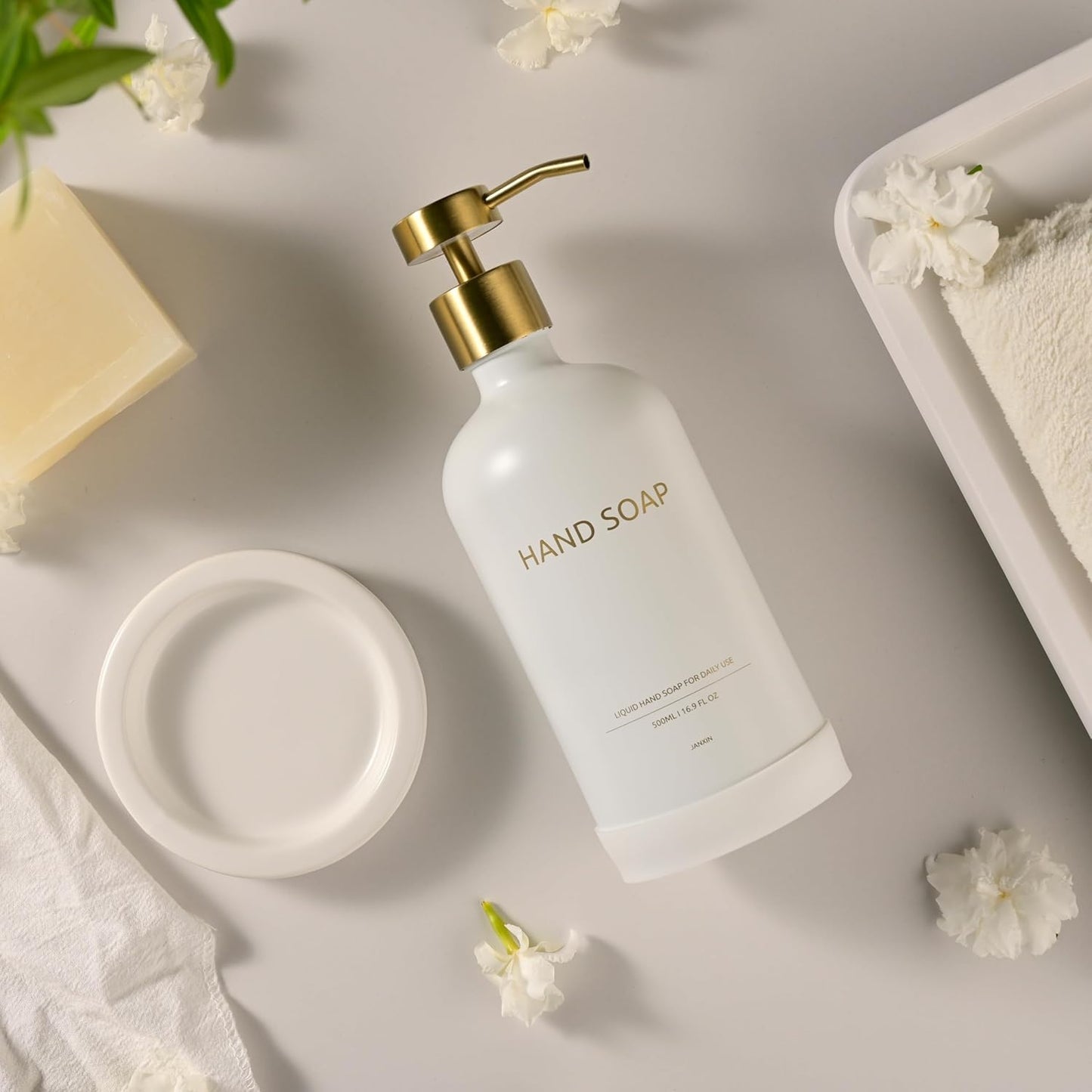 Glass Soap Dispenser Set by Janxin,Bathroom Soap Dispenser Set with Ceramic Tray,Luxury Bathroom Accessories,Modern Kitchen Decor (White+Gold(Hand Soap))