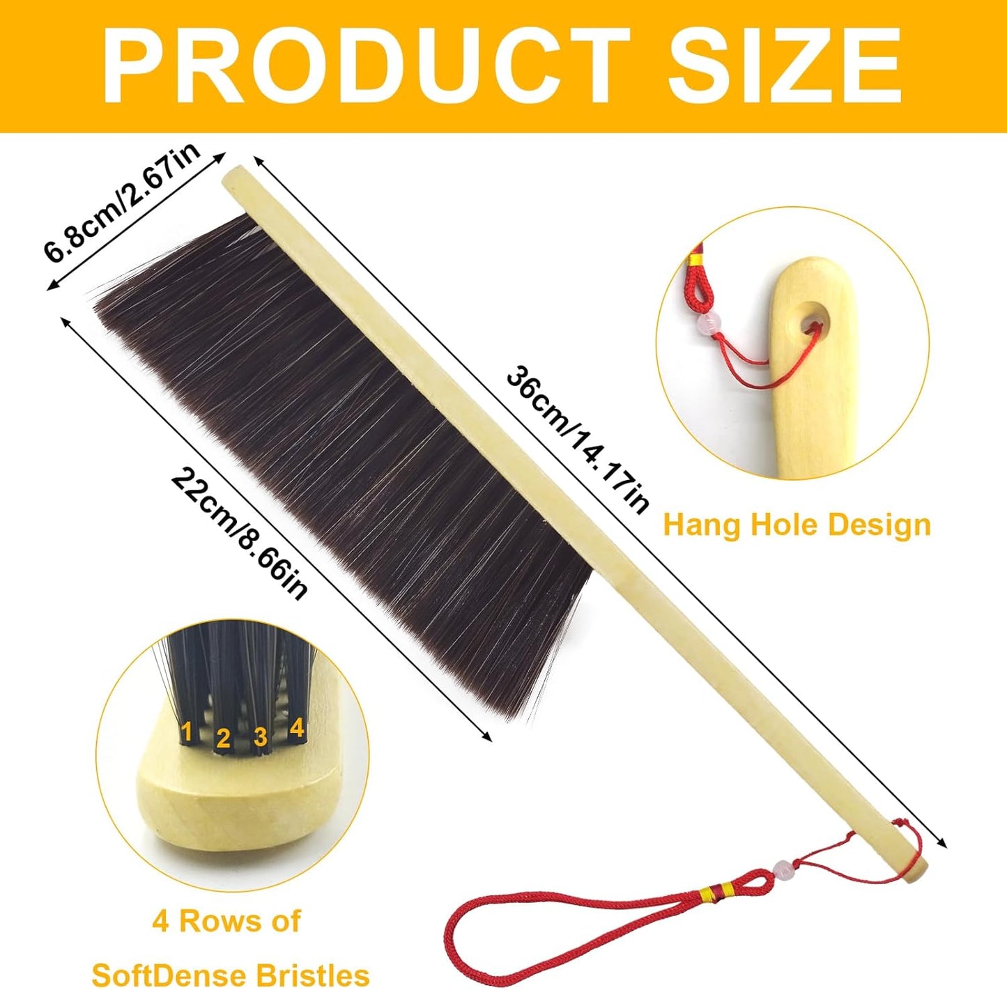 2 Piece Wooden Hand Broom, Dust Brush,Bench Brushes,Soft Bristles, Long Fireplace Brush with Wood Handle for Clothes Household Cleaning, Counters, Beds, Sofas, Car Fireplaces, Benches, Furniture