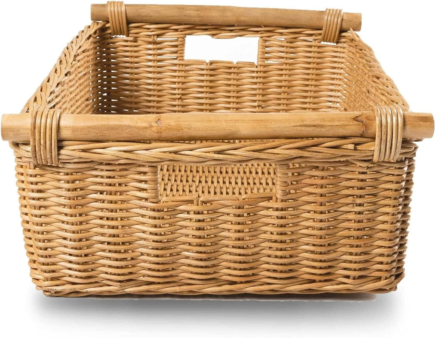The Basket Lady Low Pole Handle Wicker Storage Basket, Large, 19.5 in L x 12.5 in W x 6 in H, Sandstone