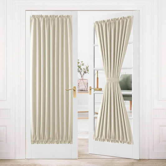 DWCN French Door Curtains – Rod Pocket Thermal Blackout Curtain for Window/Patio Doors/Doorways/Classroom/Kitchen for Privacy, 36W by 80L Inches, 1 Panel with Tieback, Light Beige