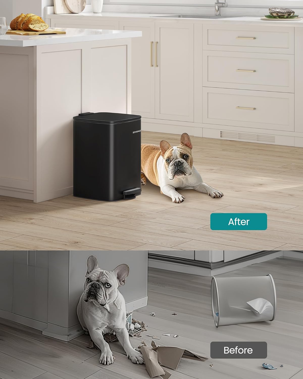 SONGMICS Kitchen Trash Can, 5.2-Gallon (20 L) Trash Bin, Stainless Steel Garbage Can, with Inner Bucket, Soft Close and Stays Open, Ink Black ULTB592B01