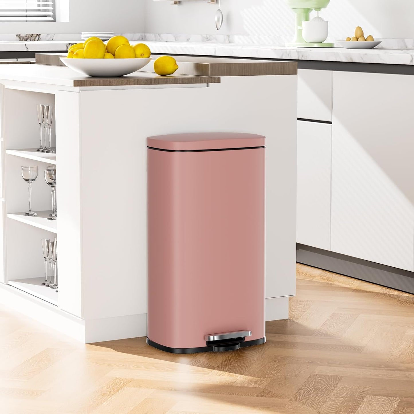 Arlopu 8/13.2 Gallon Step Trash Can, Stainless Steel Garbage Bin, Soft-Close Rubbish Bin with Removable Plastic Inner Bucket, Fingerprint-Proof, Lid Dustbin, Suit for Kitchen Home (Pink, 50L)