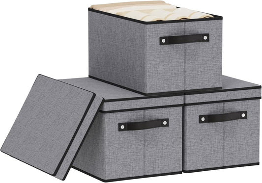 Storage Boxes, 15 x 9.8 x 8.3 Inch Baskets for Organizing with Lids, Fabric Bins with Handles, Decorative Linen Closet Organizers, Gray, 3 Pack