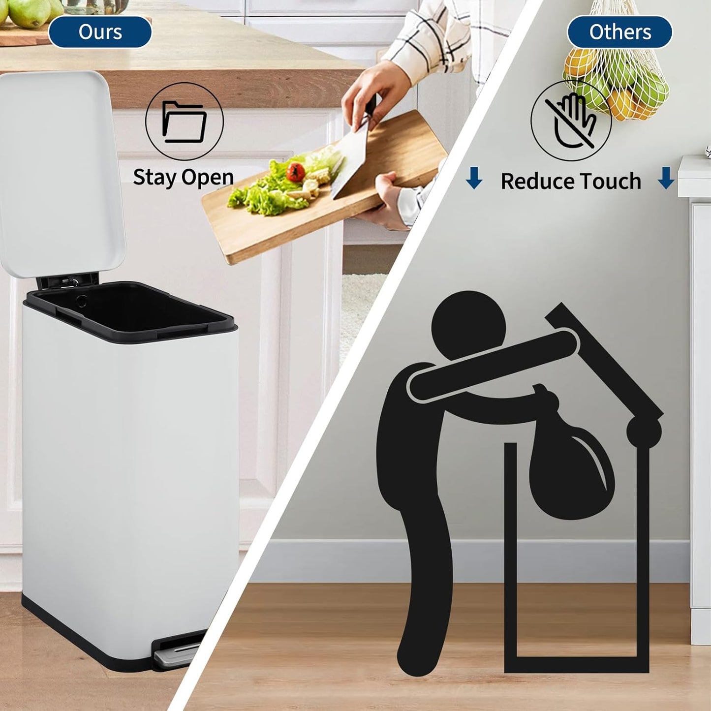 Garvee 13 Gallon Kitchen Trash Can, Stainless Steel Step Garbage Bin with Soft-Close Lid & Removable Bucket, Fingerprint Proof, Slim for Narrow Spaces, Bathroom or Office (White+Silver, 13 Gallon)