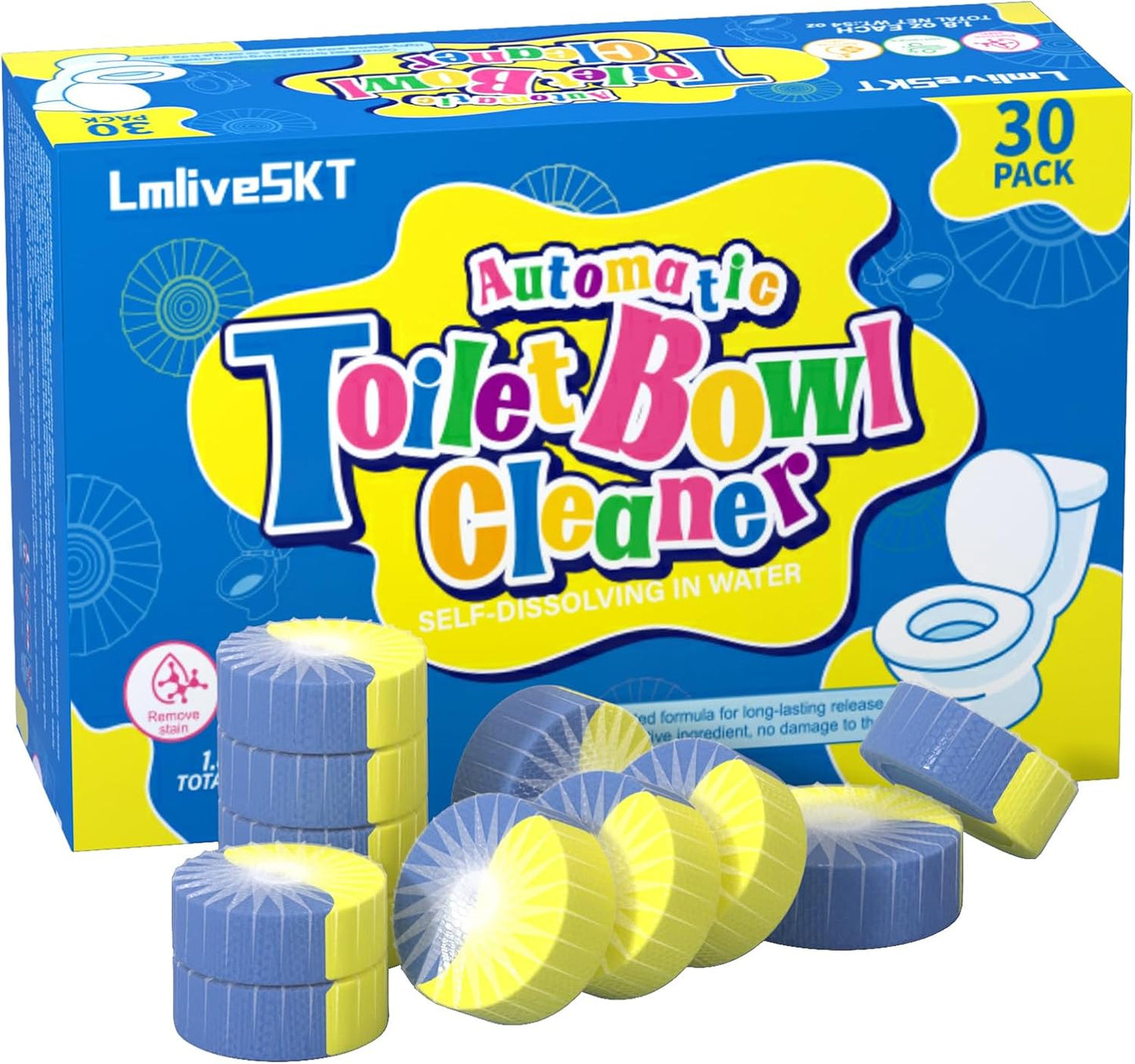 Automatic Toilet Bowl Cleaner Tablets, 30-Pack Long-Lasting Toilet Tank Cleaner for Bathroom, Blue Water Freshener, Prevents Stains & Odor, Safe for All Toilets (30, Blue and yellow)