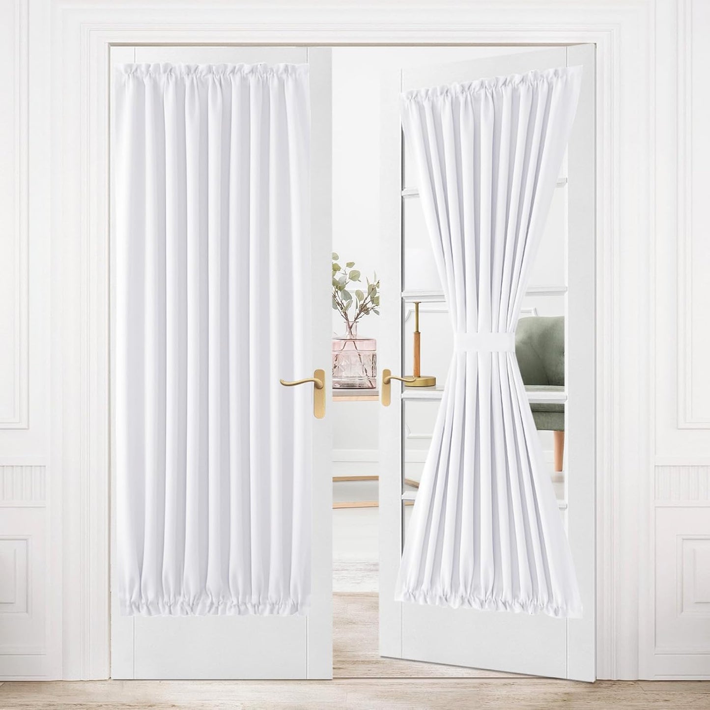 DWCN French Door Curtains – Rod Pocket Thermal Curtain for Doors with Glass Window, Kitchen and Patio Doors for Privacy, 54 X 80 Inches Long, 1 Curtain Panel with Tieback, Pure White