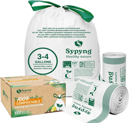 Compostable Kitchen Waste Trash Bags 3-4 Gallon (100 Pack) Heavy Duty 100% Biodegradable White Compost Bags for Countertop Bin, ASTM D6400, BPI & OK Compost HOME Certified, Eco-Friendly & Recyclable