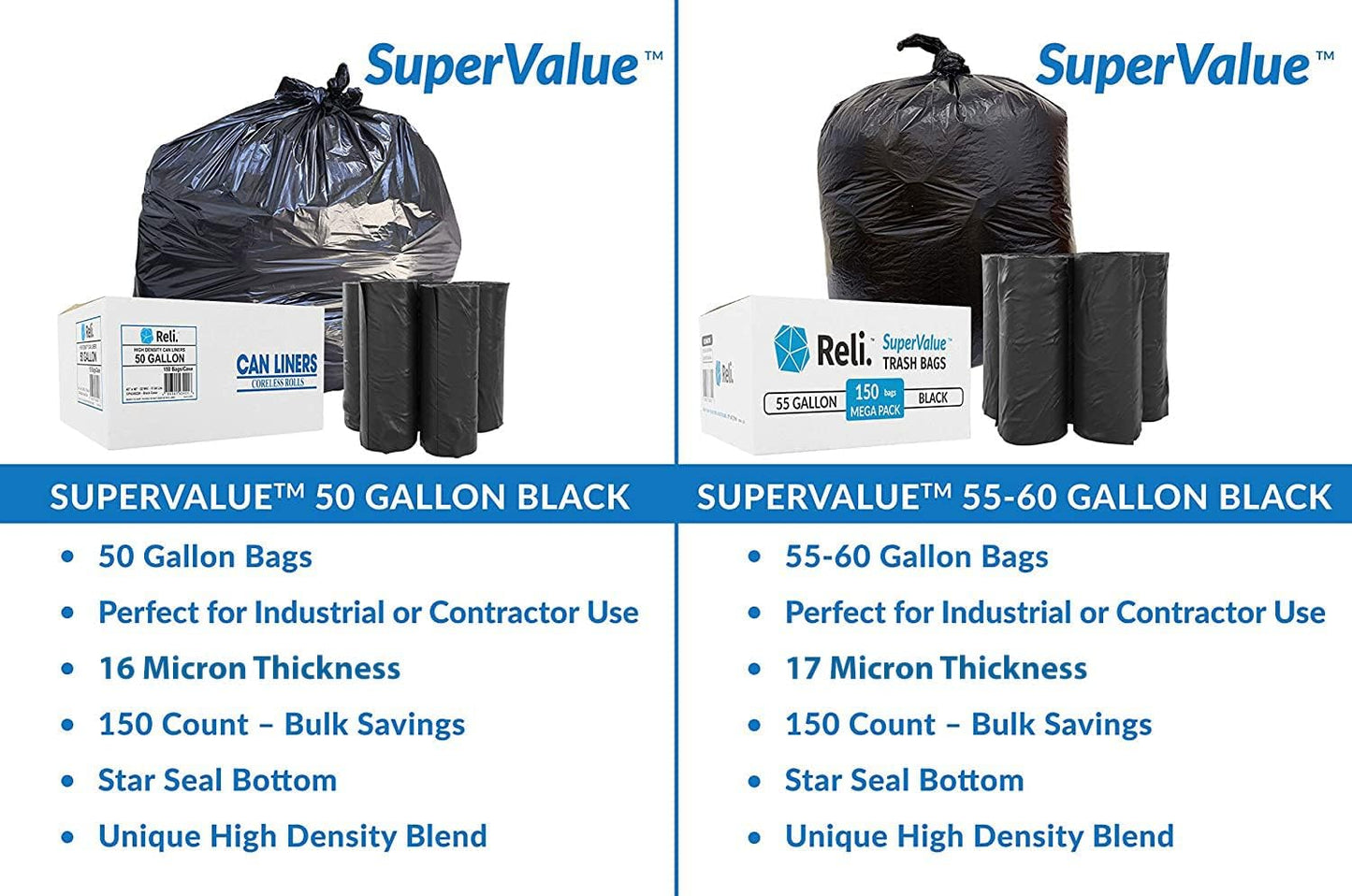 Reli. Premium 50 Gallon Trash Bags | 150 Count | Made in USA | Heavy Duty | Bulk | SuperValue | Black Multi-Use Garbage Bags