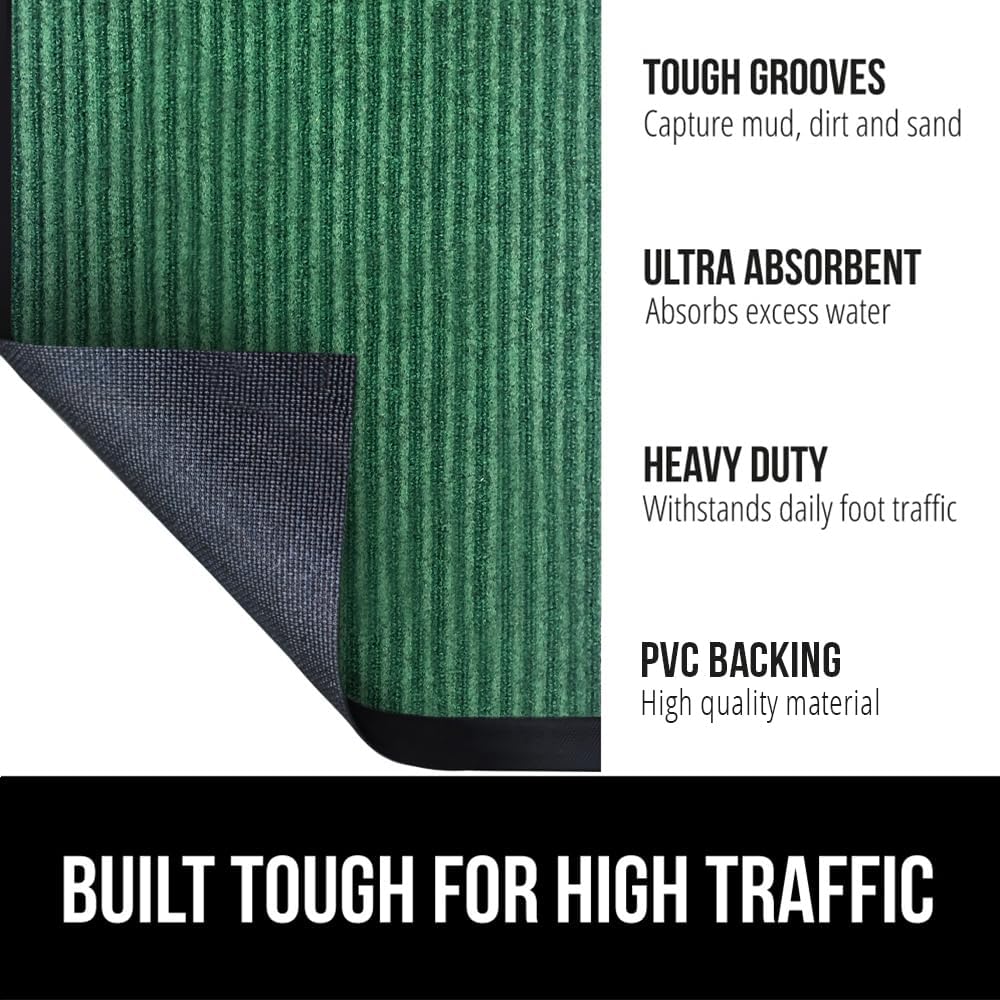 GORILLA GRIP Traffic Guard Door Mat, Heavy Duty Welcome Mats, Commercial Office Space Doormat, Waterproof, Fade Resistant, Strong Rubber Backing, Low Profile, Shoe and Boot Scraper, 35x23, Green