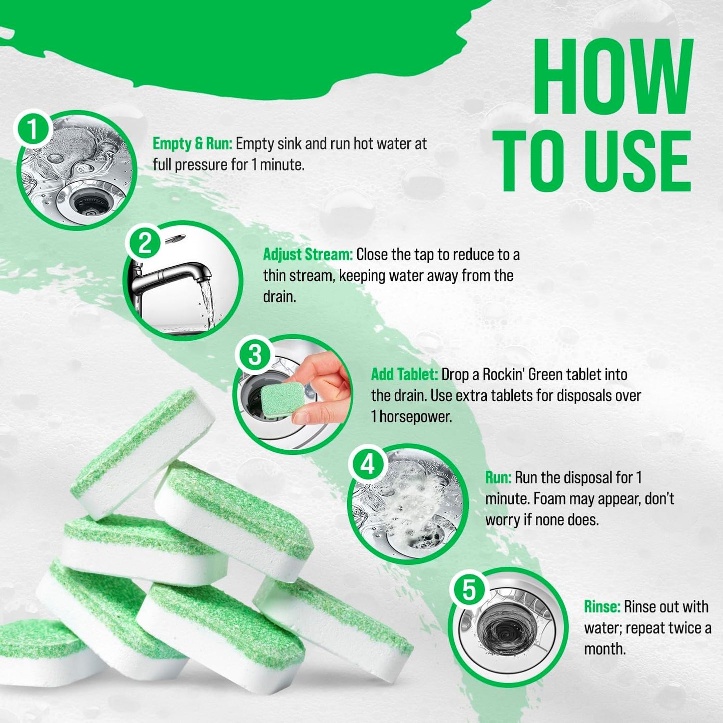 Rockin' Green Deep Cleaning and Deodorizing Tablets for Dishwashers, Washing Machines, and Garbage Disposals, Removes Odor and Residue (Garbage Disposal Cleaning Tablets, 24 Pack)