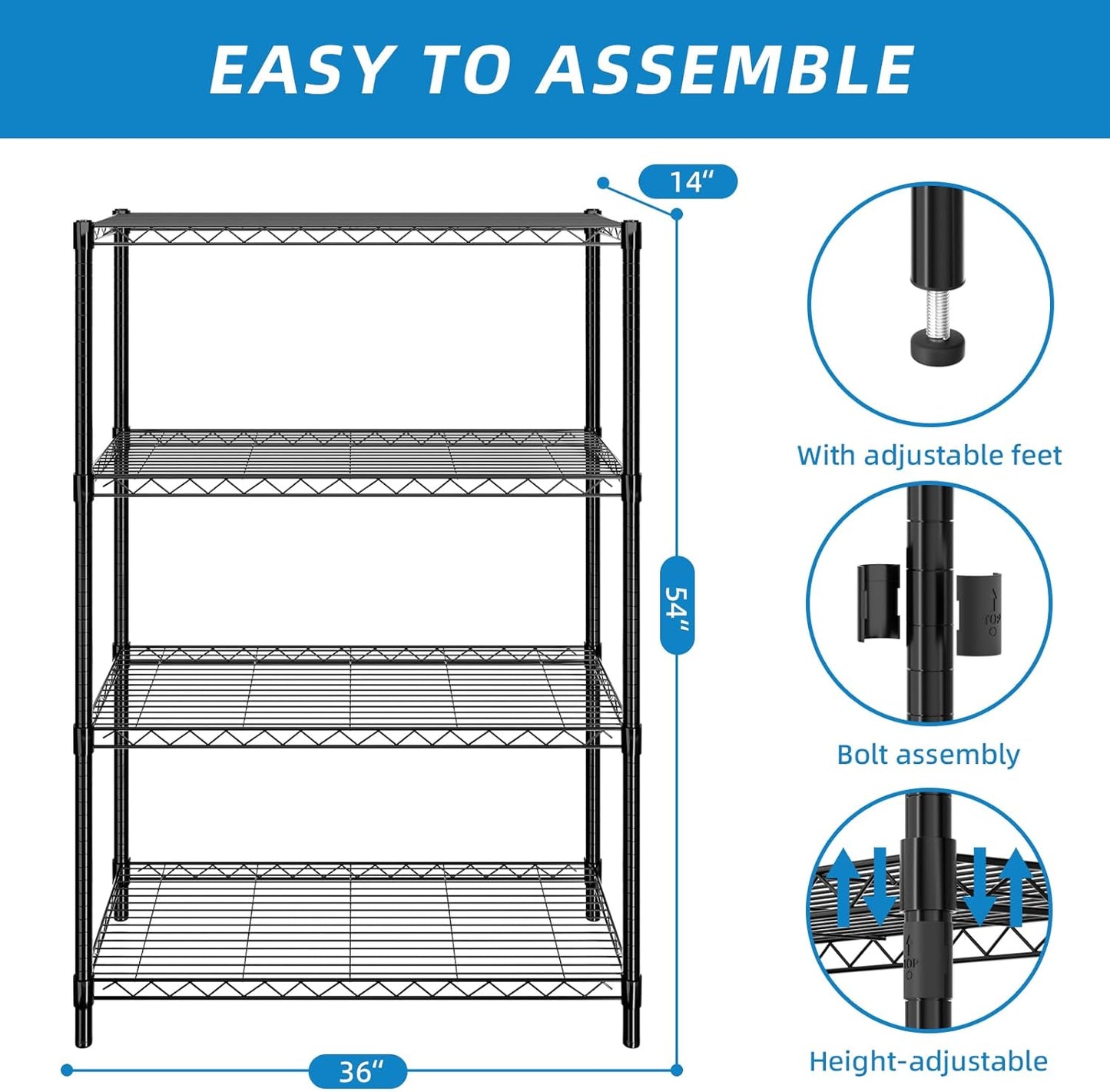 4-Shelf Adjustable Metal Shelf Wire Shelving Unit Storage Rack Display Shelf for Office,Kitchen,Bedroom,Bathroom,Laundry,Pantry Basement,Garage(Black,36" L x 14" W x 54" H)