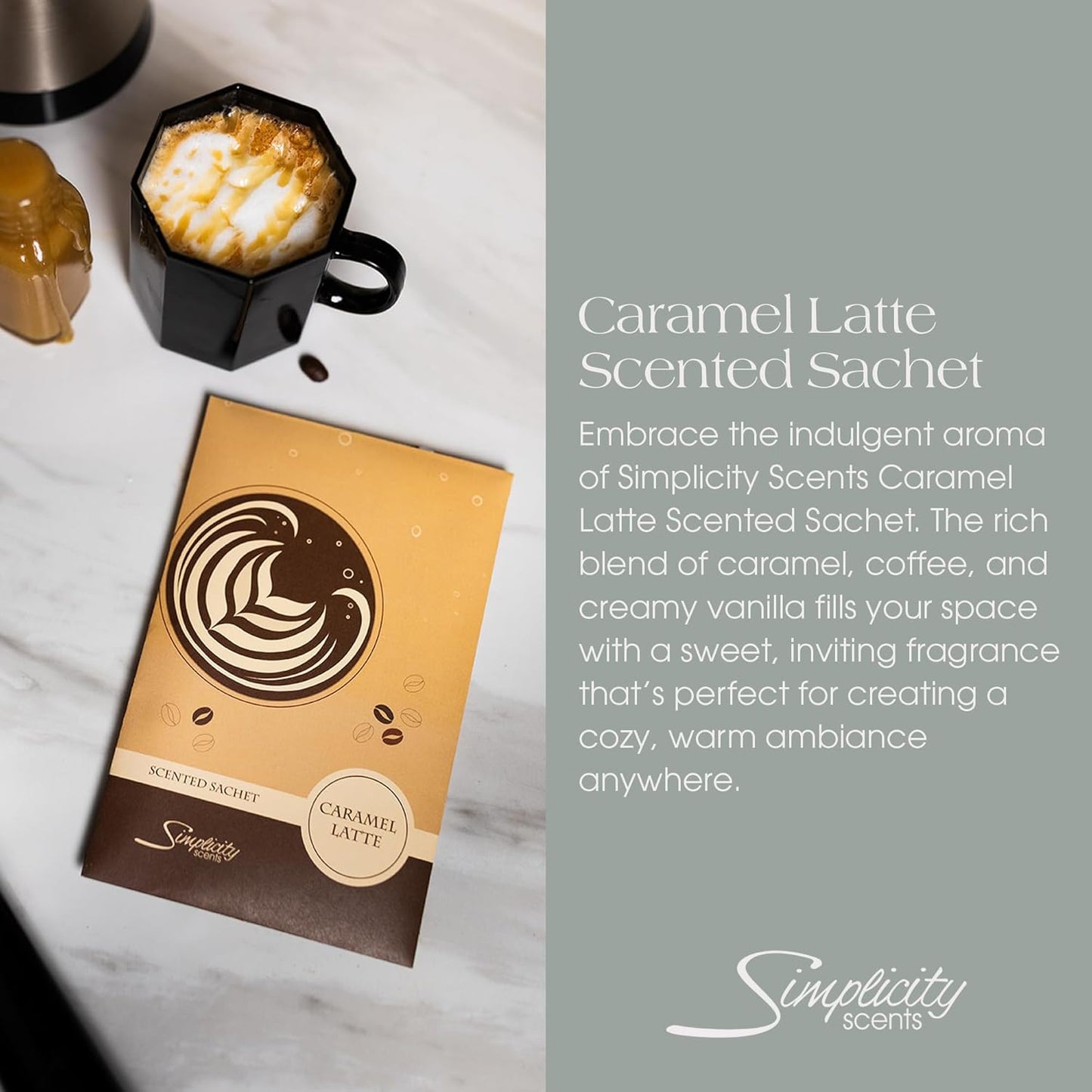 Floral Simplicity Caramel Latte Scented Sachets Pack of 6, Fall & Winter - Long-Lasting Scented Bags, Home Fragrance, Air Freshener & Deodorizer for Closet, Room, Drawer, or Cars, Made in The USA