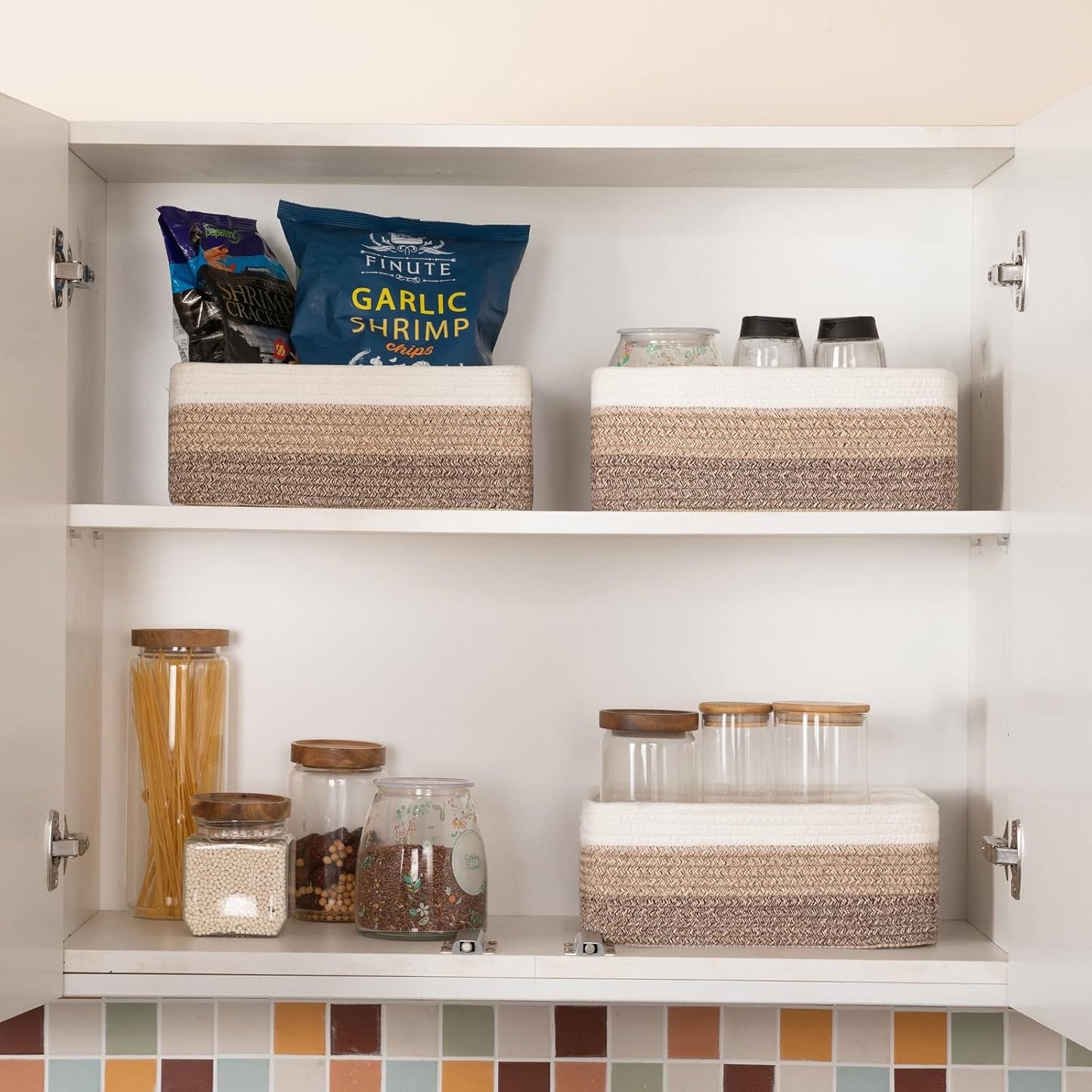 3 Pack Small Storage Baskets for Organizing, Cute Woven Decorative Gift Baskets for Shelves, Mini Closet Organizer Bins with Handles, 11.81''Lx7.87''Wx4.72''H-Brown White