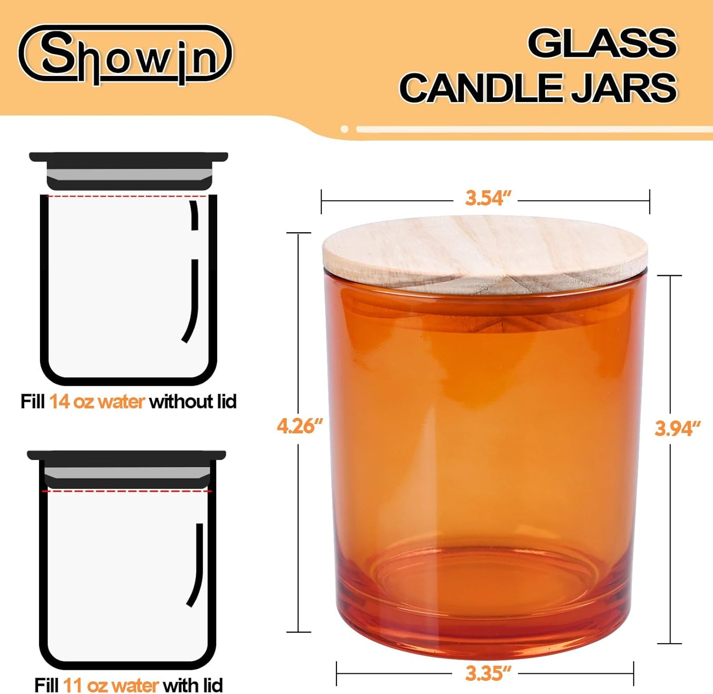 14 OZ Thick Candle Jars for Making Candles 12 Pcs, 3 Wick Empty Jars with Wood Lids for Candle Making, Sample Container,Clear Orange