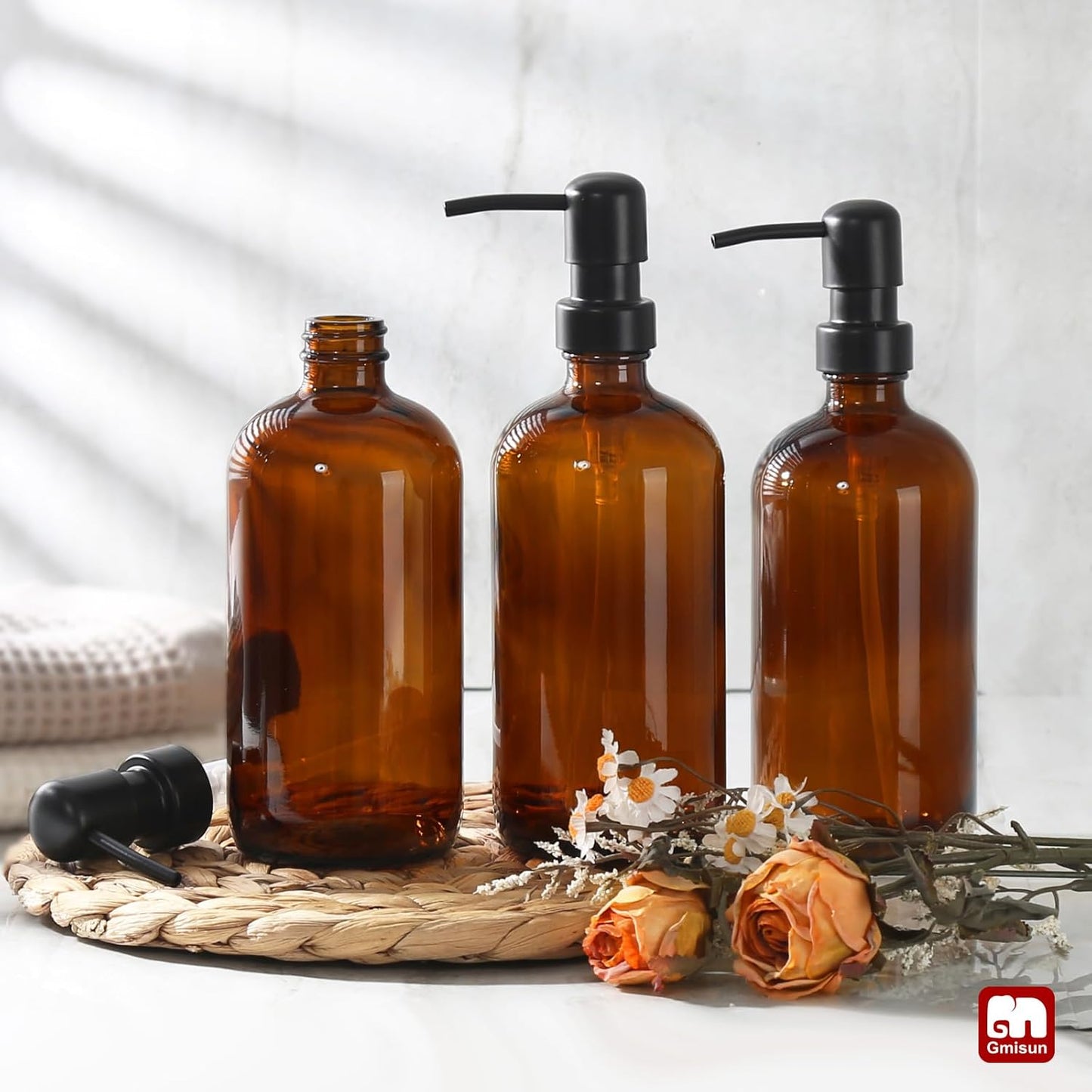 GMISUN Shampoo and Conditioner Dispenser, 3 Pack Amber Glass Bathroom Shampoo Conditioner Body Wash Dispenser with Pump for Shower, 17 Fl Oz Hand Soap Dish Soap and Lotion Dispenser Set for Kitchen