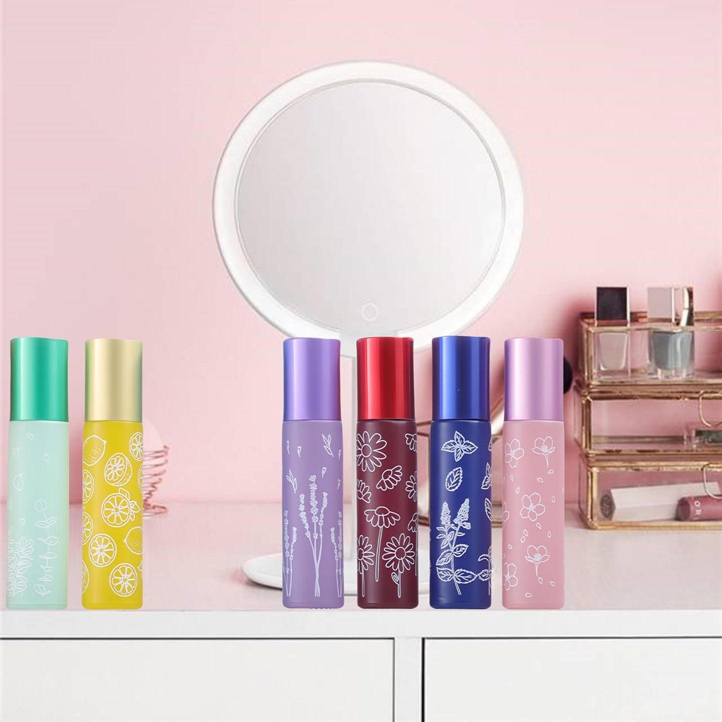 10 Pcs Green Glass Essential Oil Roller Bottles,10ml Empty Refillable Roll on Bottles,Glass Travel Roller Bottles with Stainless Steel Roller Balls for Essential Oil,Perfume,Lip Gloss Lip Balms