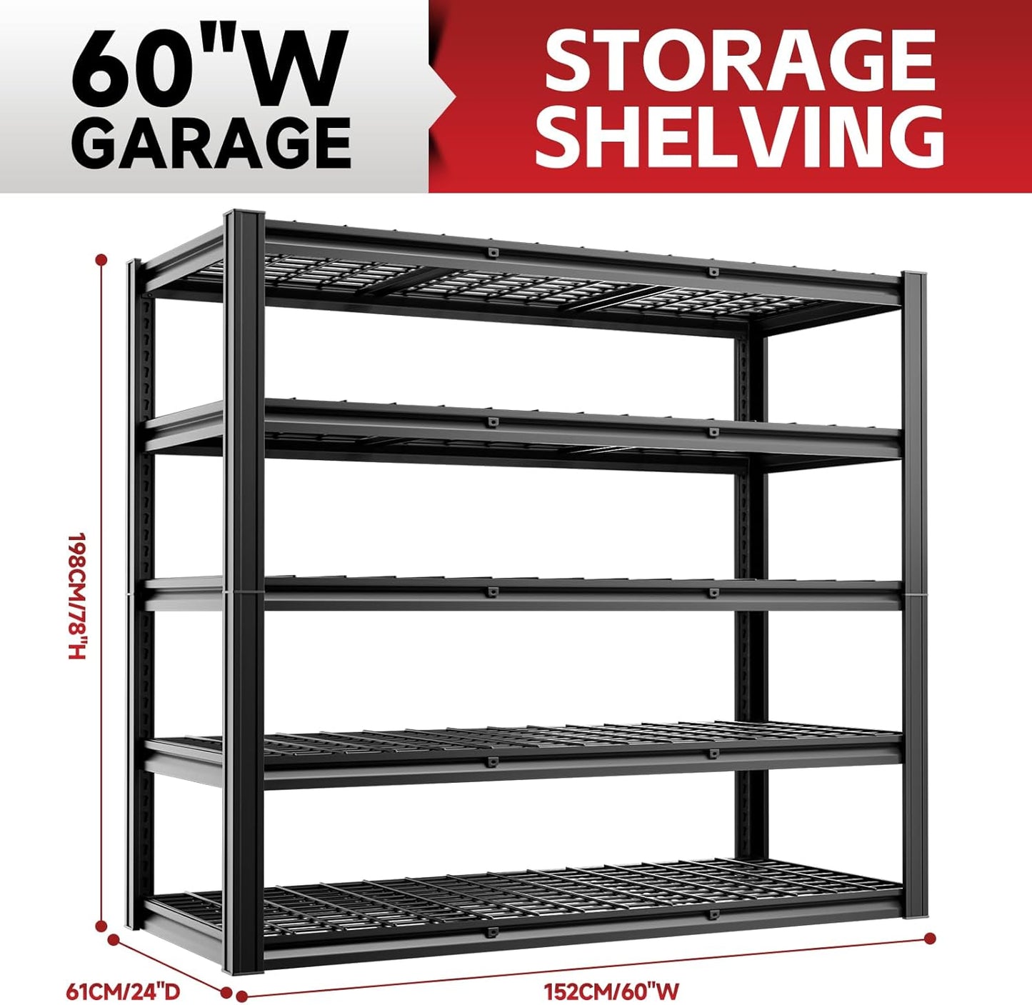 5-Tier 60”W x 24”D x 78”H Garage Shelving Adjustable Metal Storage Shelves 3000LBS Garage Shelving Heavy Duty Utility Shelf Unit Storage Racks for Warehouse(Black)