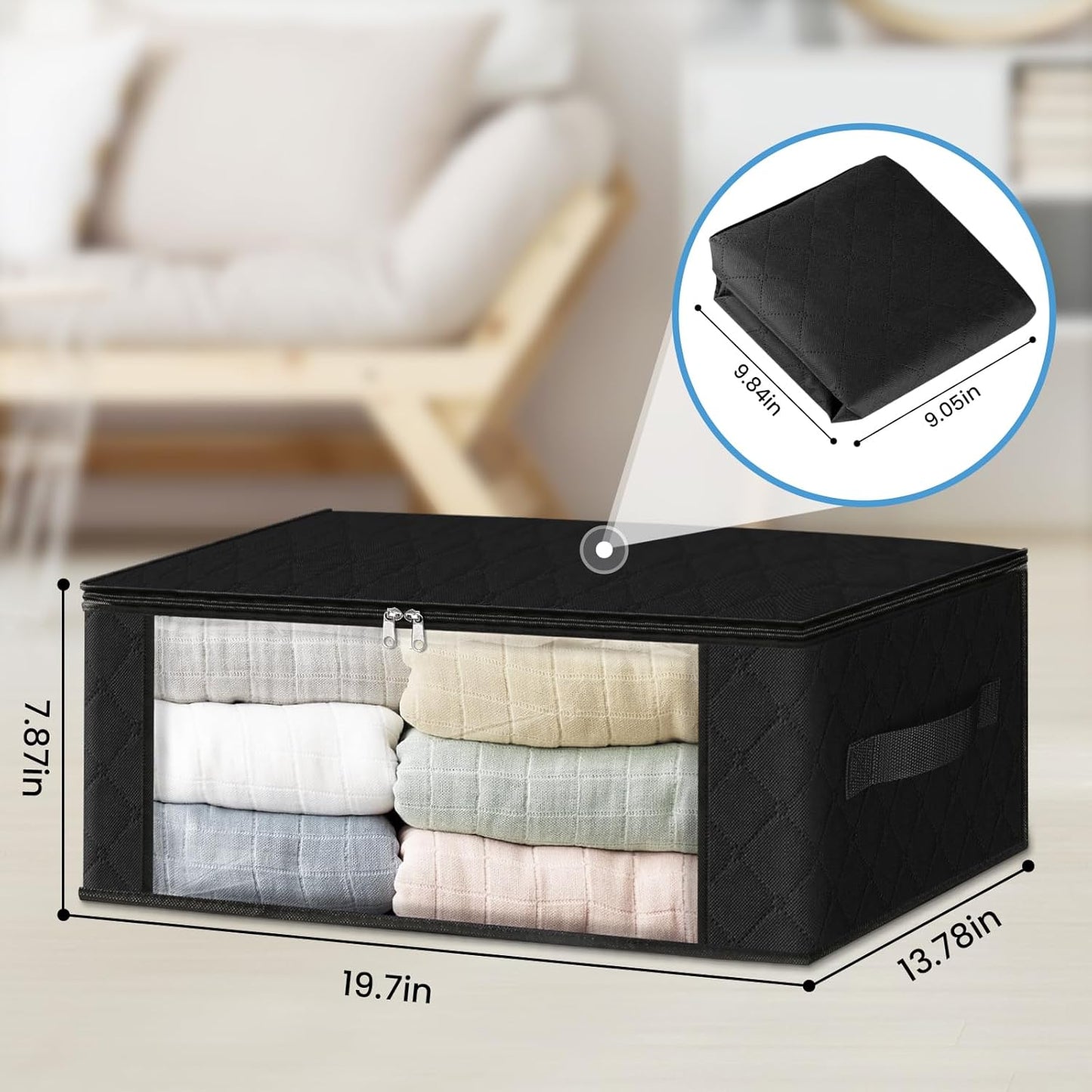 HomeHacks Storage 4-Pack Clothes Organizer Storage Bags Foldable Storage Box with Large Clear Window Sturdy Handles for Closet, Dorm, Pillows, Bedding, Clothes, Blankets, 35L, Black