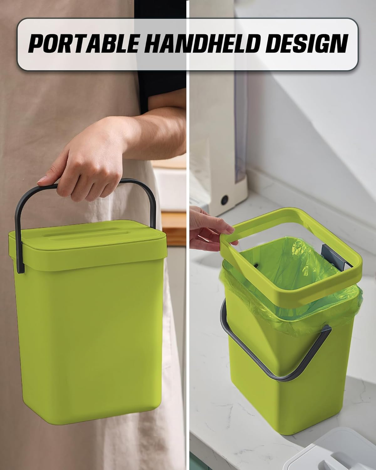 Compost Bin for Kitchen Countertop 5L/1.3 Gal Hanging Small Trash Can with Lid, Kichen Under Sink Trash Can, Wall Mount Indoor Compost Bucket with Lid(Lime Green)