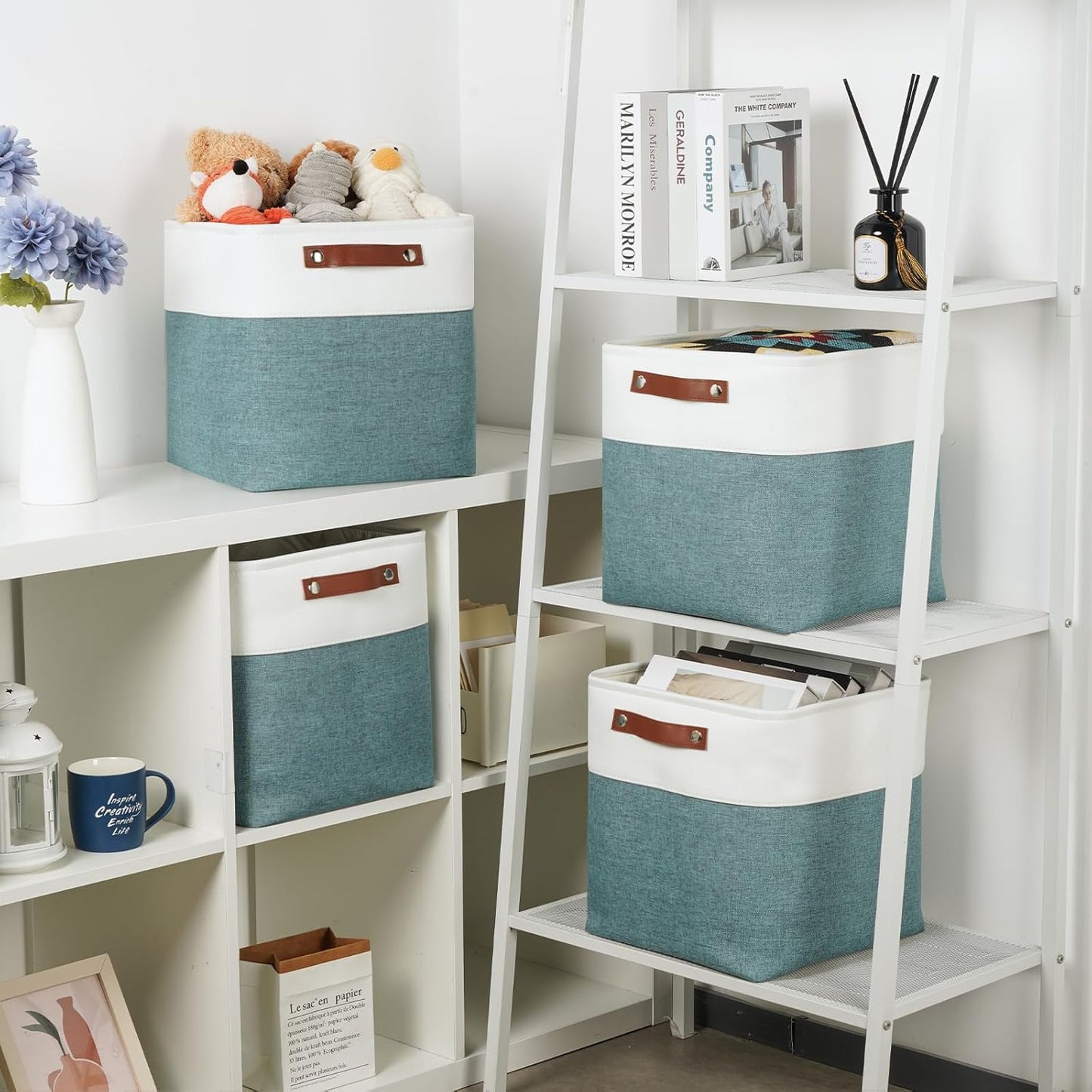 DULLEMELO Set Of 4 Cube Storage Bins, Fabric Storage Basket for Shelves Closet Nursery Toy Storage, 12 inch Fabric Storage Cubes Bins Canvas Organization Baskets (White&Deep Green)