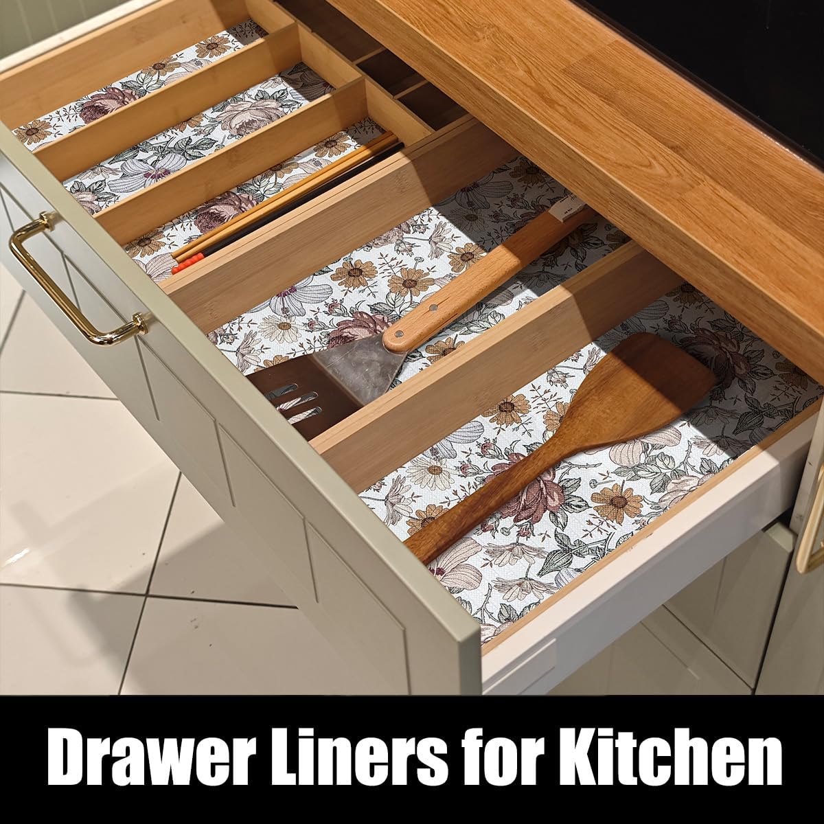 Floral Drawer Shelf Liners, 16IN x 10FT Non Adhesive and Strong Non-Slip Cabinet Drawer Shelf Liners for Kitchen Wire Fridge, Waterproof Shelf Liner,Easy to Clean