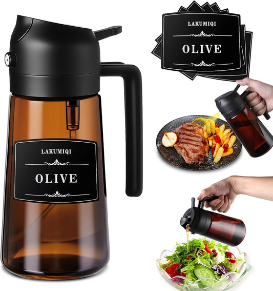 2-in-1 Glass Oil Dispenser & Sprayer - 16oz/470ml Leakproof Olive Oil Sprayer Bottle for Cooking, Air Fryer, BBQ, Baking, Salad (Black)