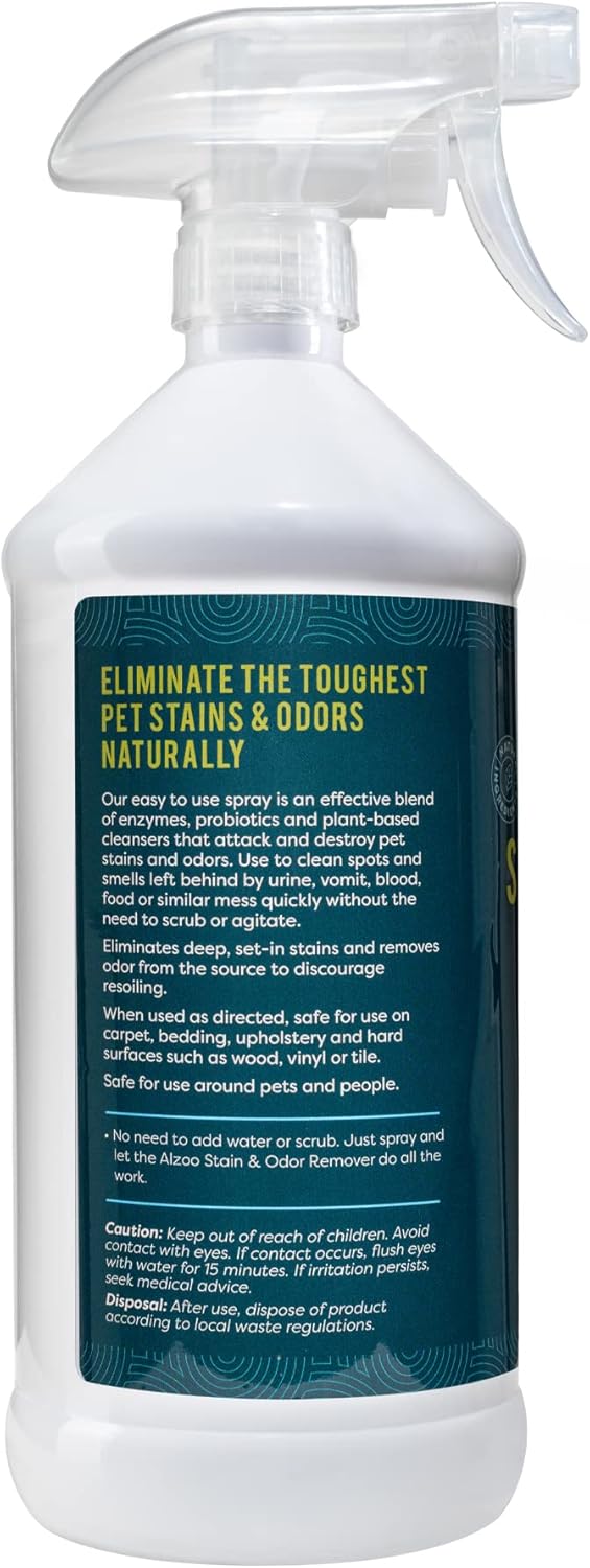 ALZOO Stain & Odor Remover, Quickly Lifts & Dissolves Pet Stains & Helps Eliminate Odors, 100% Plant-Based Active Ingredients, Apple Blossom Scent, 32 Fl. Oz Spray Bottle