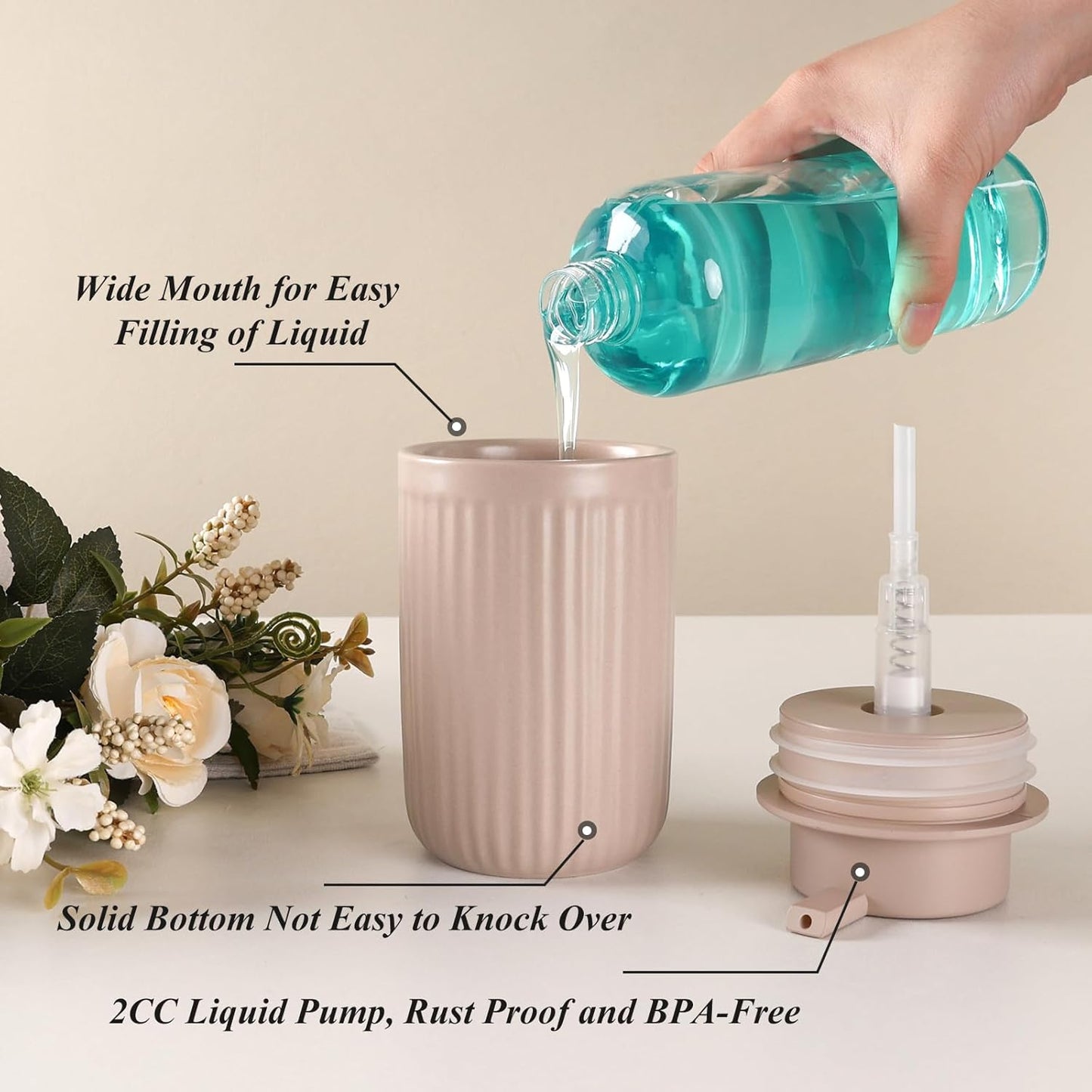 BosilunLife Dish Hand Soap Dispenser - Khaki Liquid Pump Soap Dispenser for Bathroom Decro 12oz Ceramic Kitchen Dish Dispenser with Rust-Proof Liquid Pump Modern Refillable Lotion Bottles