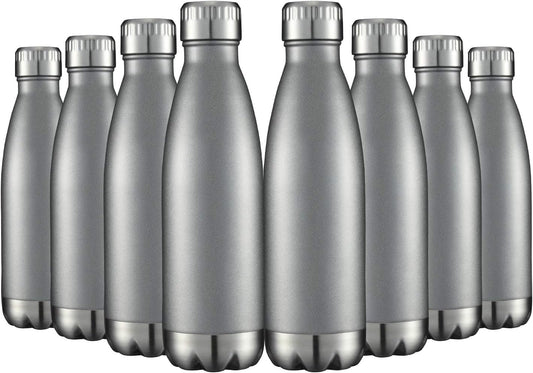 HASLE OUTFITTERS 17oz Stainless Steel Water Bottles Bulk, Vacuum Insulated Water Bottles Double Walled Reusable Metal Sports Water Bottles Keep Drinks Hot and Cold, Gray, 8Packs