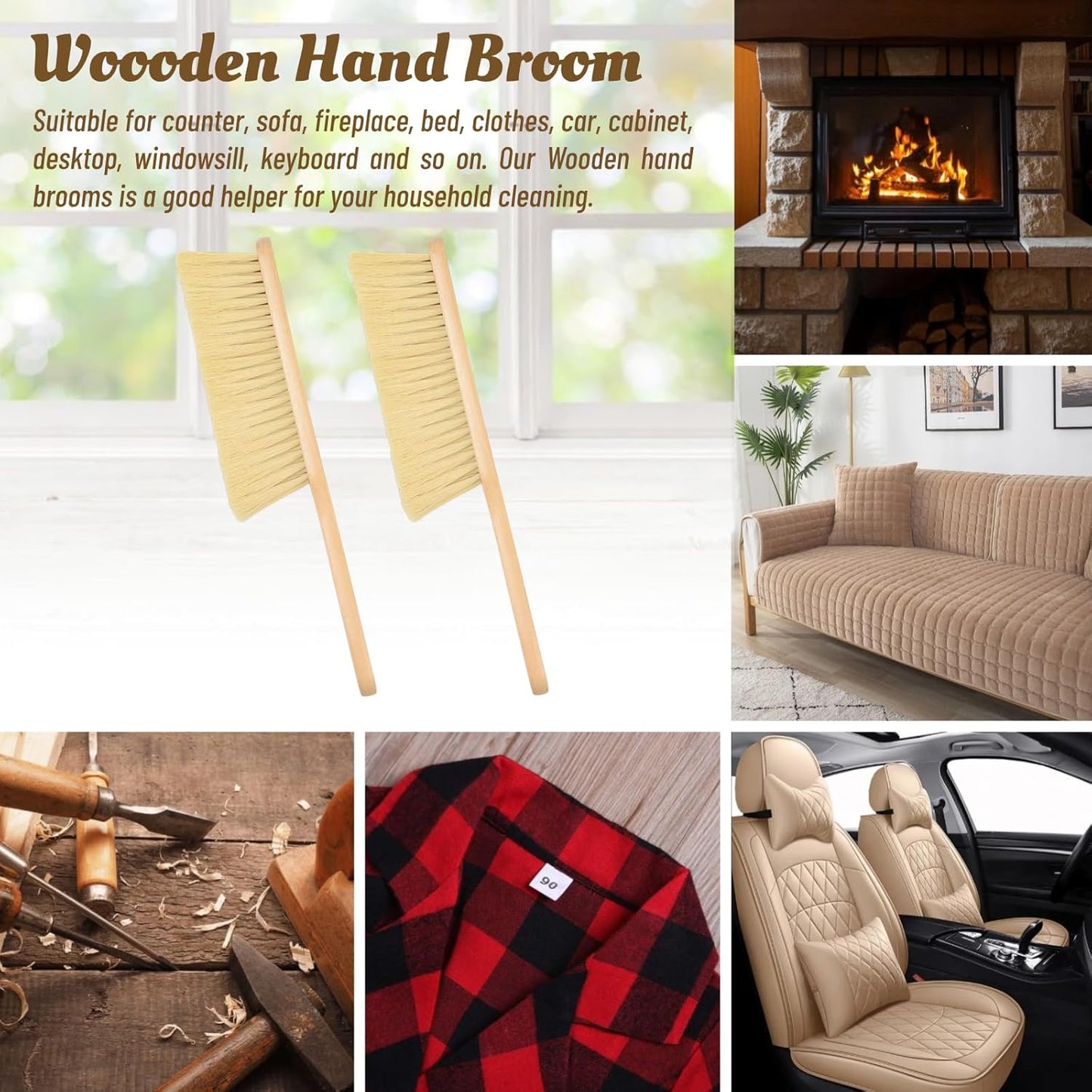 2 Pieces Woooden Dust Brush Hand Broom Bench Brush with Long Wood Handle Whisk Broom Soft Bristle Brush for Counter Bed Sofa Car Fireplace Clothes Household Cleaning(Khaki)