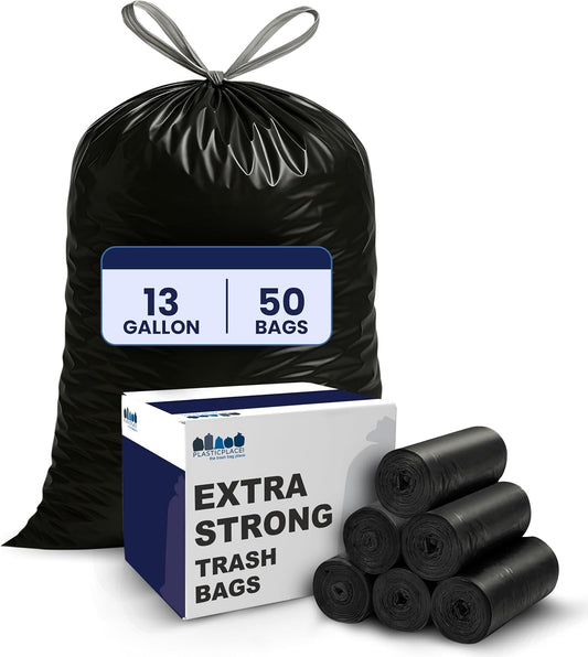 Plasticplace W13DSBKJR 13 Gallon Trash Bags │ 1.2 Mil │ (50 Count) Black Extra Tall Garbage Can Liners │ 24” x 31”