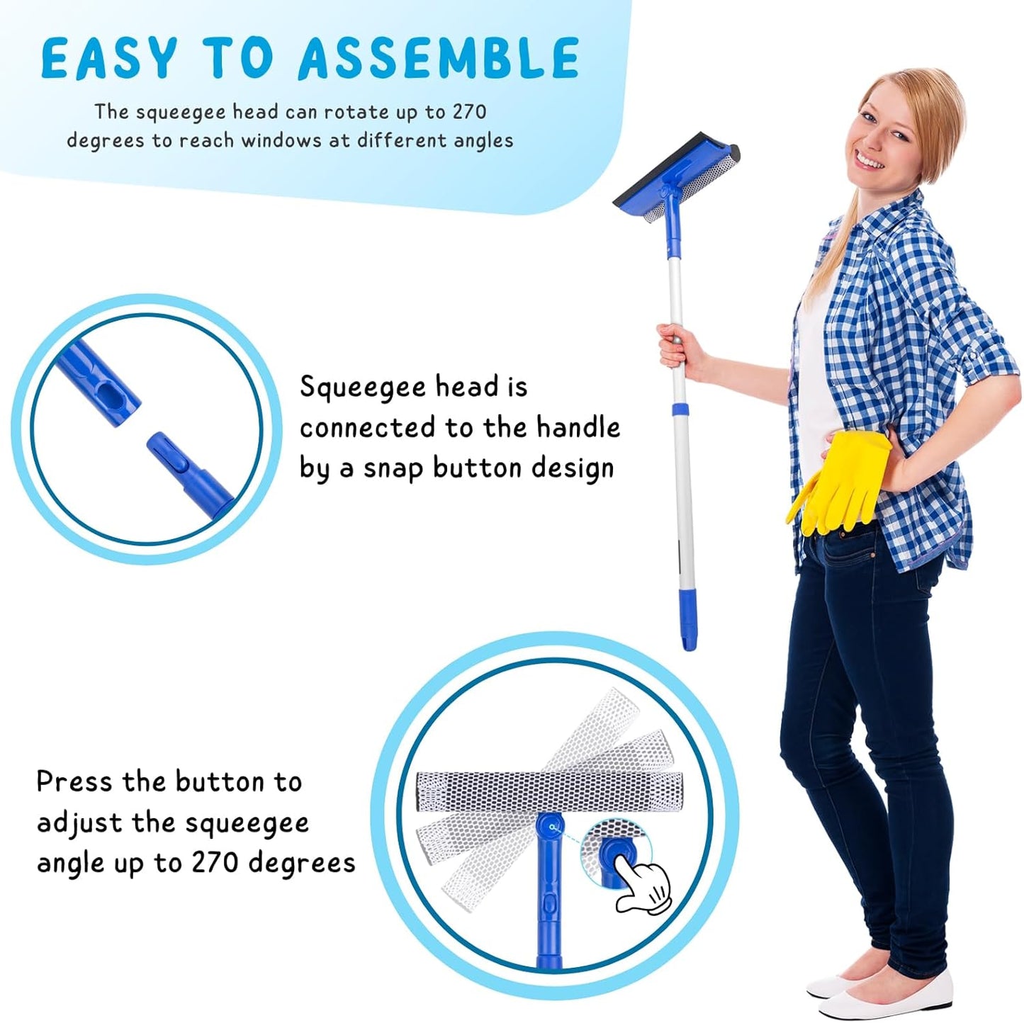 Window Cleaner Tool for Home with 20''-30'' Extension Pole, Squeegee for Car Windshield Cleaning, Glass Washer for Shower Doors, Mirror