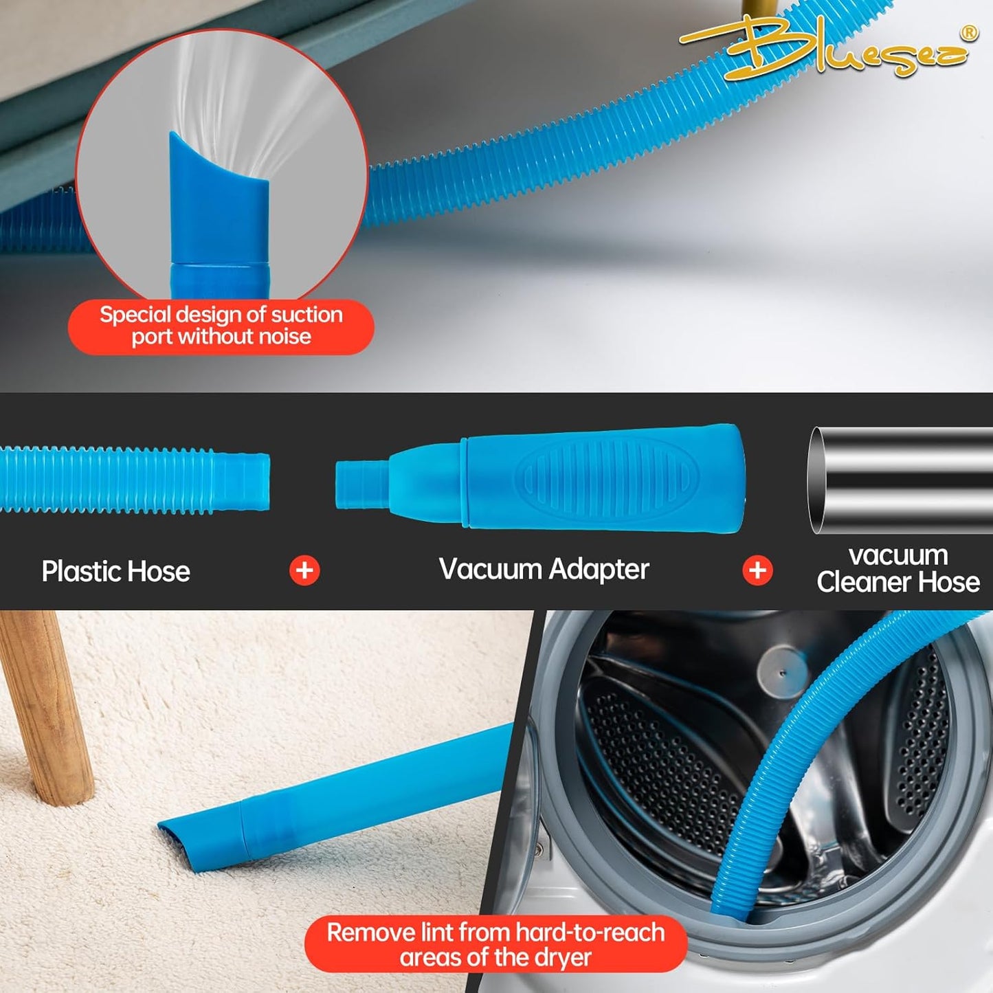 BLuesea Dryer Vent Cleaner Kit, 15-Piece Ultimate Dryer Cleaning Kit Include 40 Feet Dryer Vent Brush, Upgrade Noiseless Dryer Lint Vacuum Attachment, Lint Trap Brush, Vacuum & Dryer Adapters