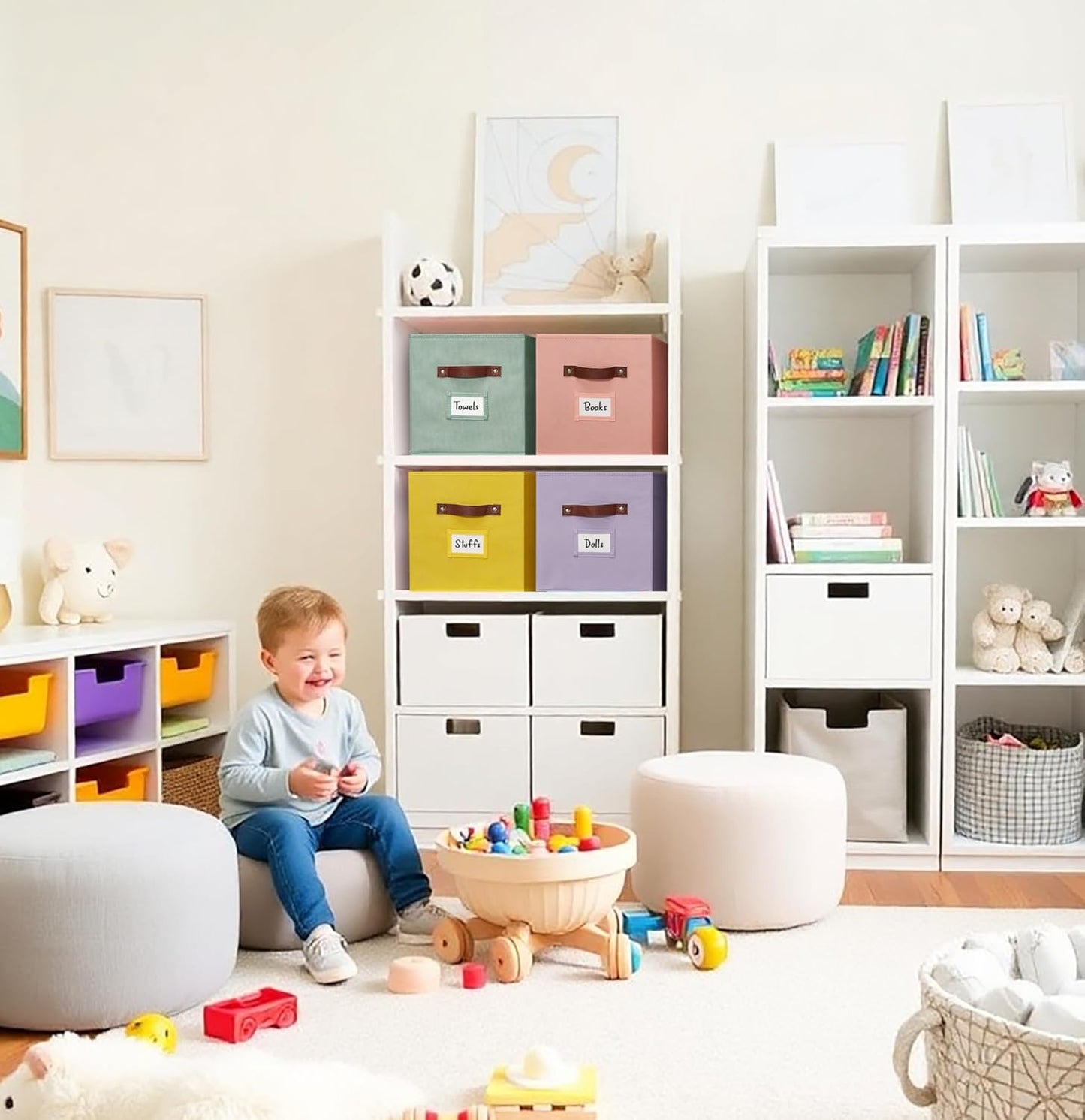 DECOMOMO Storage Bins, Cube Storage Bin with Labels, Fabric Storage Cubes for Shelves (10.5" x 11" / 6pcs, Rainbow)