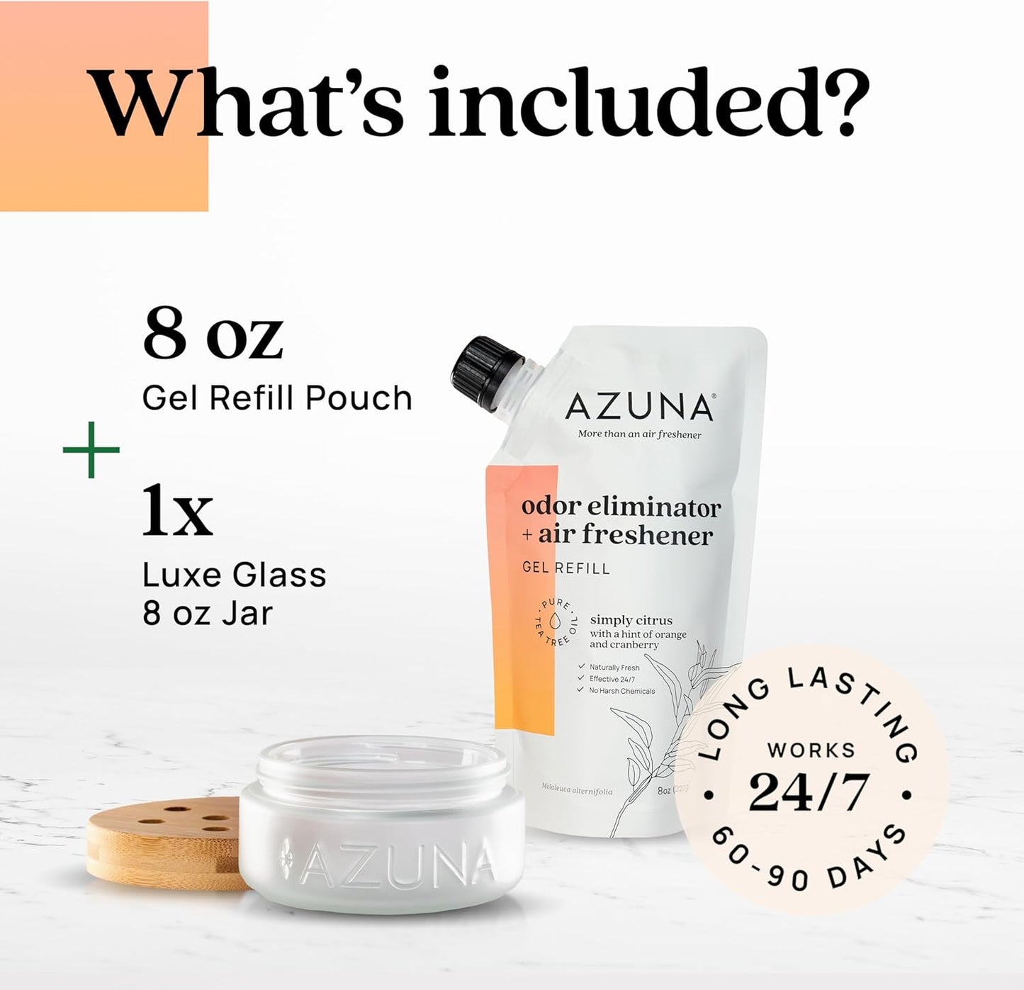 Azuna Air Freshener & Odor Eliminator for Strong Odor | 1 Room Kit Includes (1) Empty Luxe Glass Jar & 8oz Refill with Tea Tree Essential Oil Gel | Simply Citrus | Last 60-90 Days