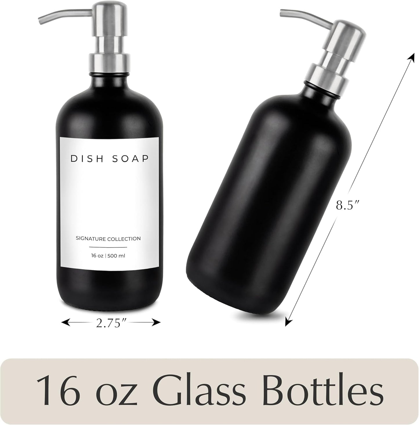 Emerson Glass Soap Dispenser Set - Kitchen & Bathroom, 2 Pack with Pump and Labels - 16 Oz