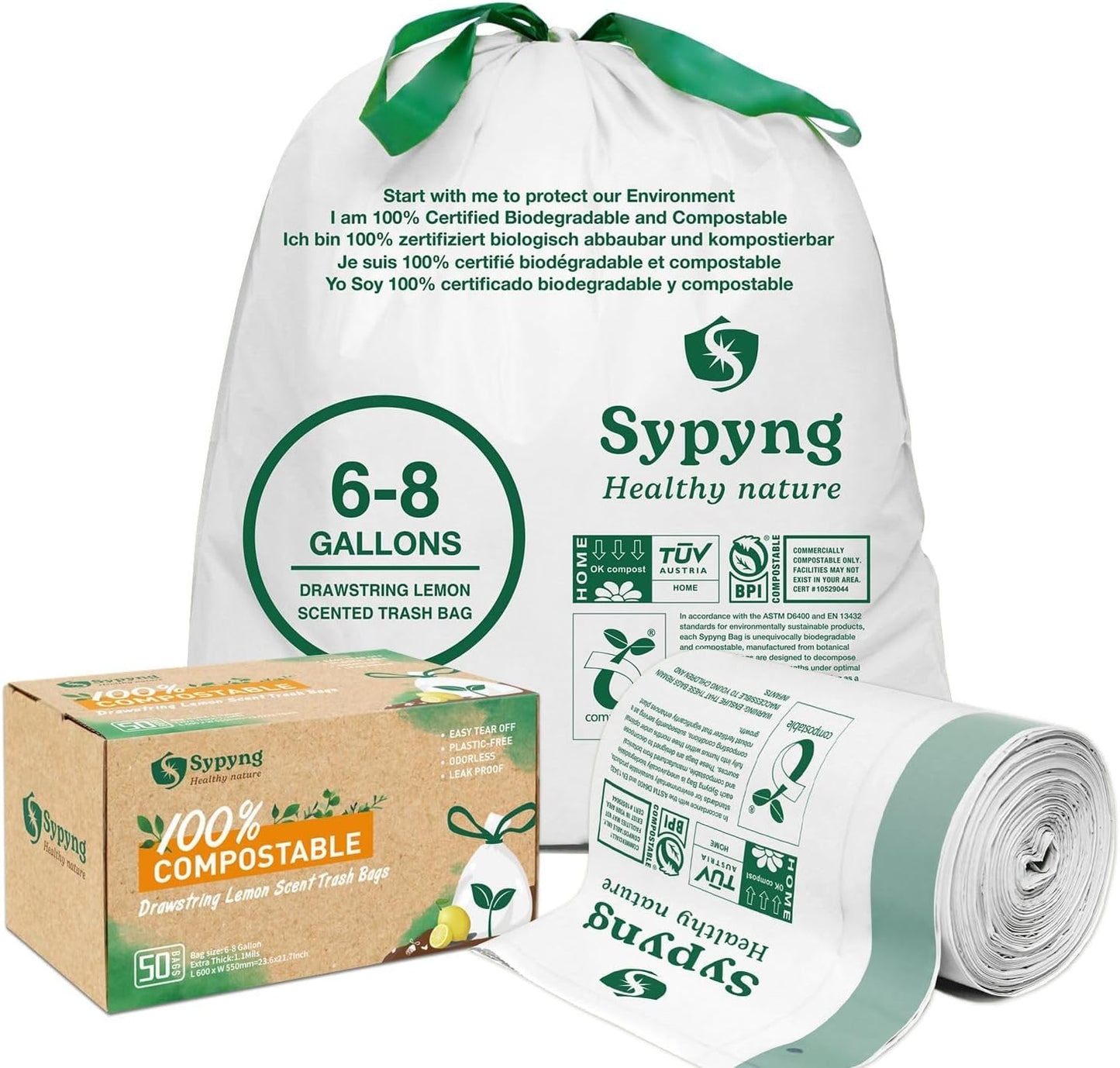 Compostable Trash Bags 6-8 Gallon (50-Pack) – Heavy Duty, 1.1 Mil Thick, 100% Biodegradable Kitchen Waste Bags for Medium Bins | ASTM D6400, BPI & OK Compost HOME Certified, Eco-Friendly & Recyclable