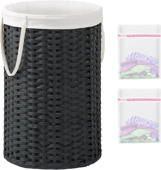 34.3 Gal (130 L) Large Laundry Hamper Laundry Basket Round Handwoven Wicker Laundry Baskets Rattan Laundry Basket with Removable Bag Handles 2 Mesh Bags for Living Room Bedroom Black