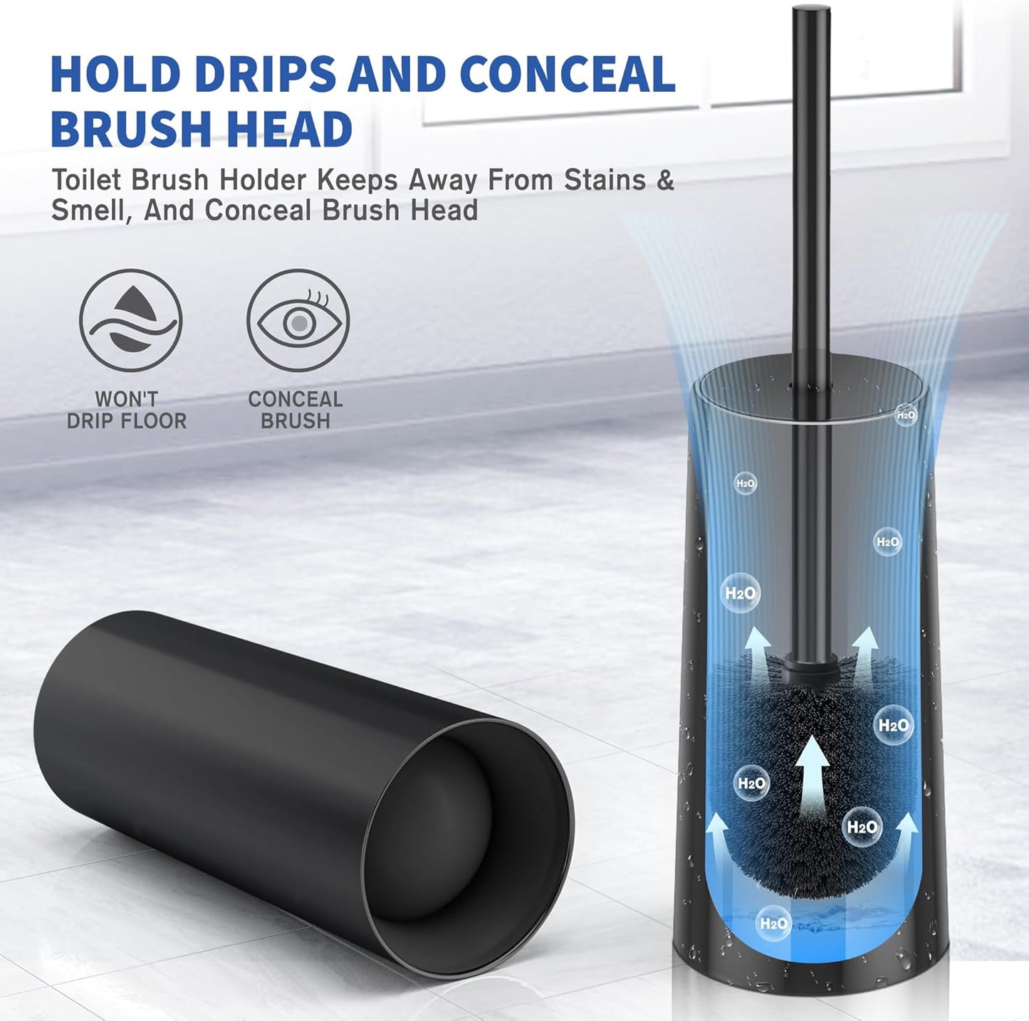 Toilet Brush and Holder, Toilet Brush Stainless Steel, Toilet Bowl Brush for Bathroom Toilet-Ergonomic, Elegant,Durable (Black)