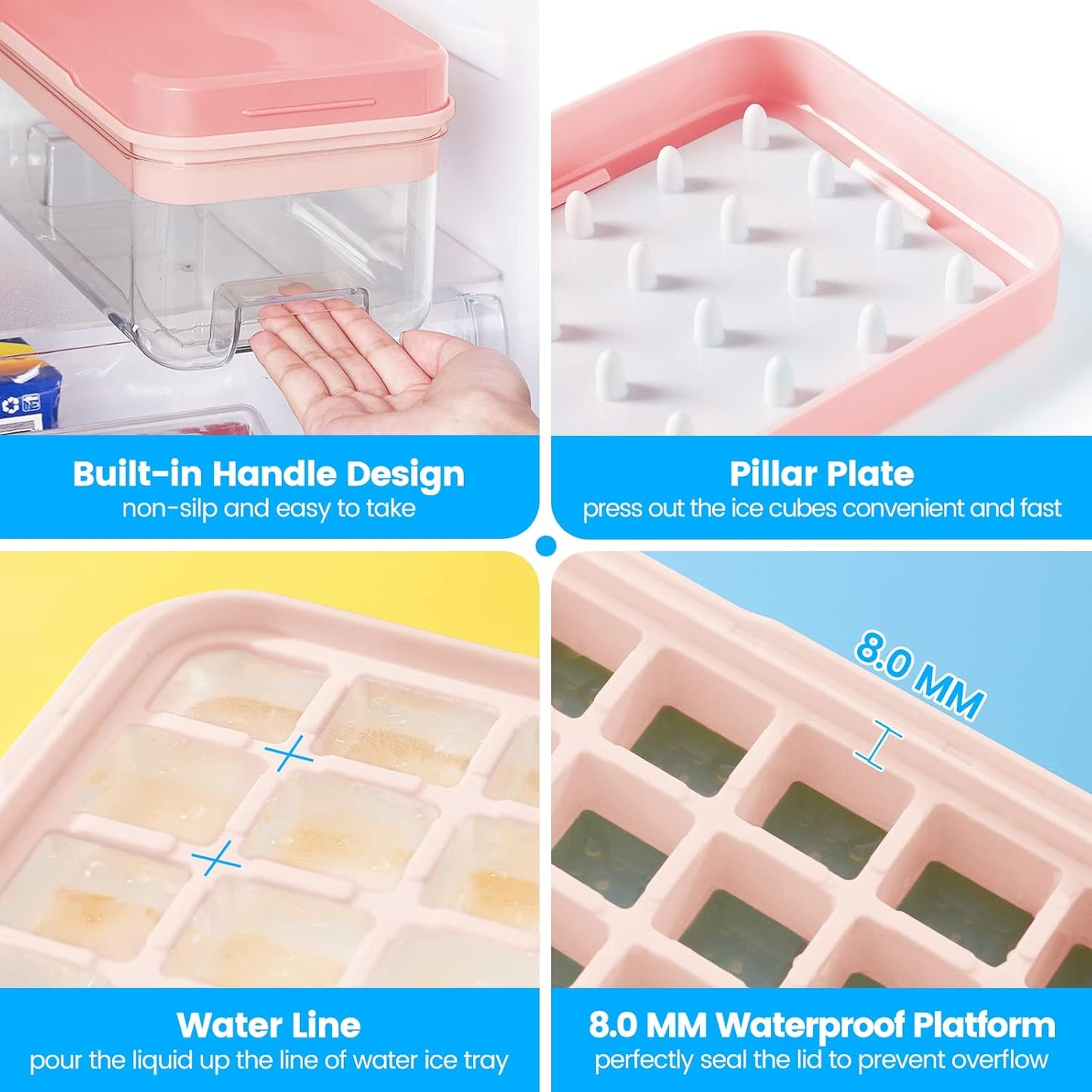 Ice Cube Tray with Lid and Bin, 32 pcs Ice Cubes Molds, Ice Trays for Freezer, Ice Cube Tray Mold, with 1 tray, Ice Freezer Container, Spill-Resistant Removable Lid & Ice Scoop, for Whiskey,Cocktail
