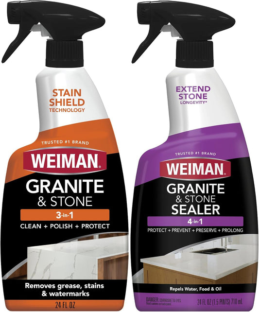 Weiman Complete Countertop Clean & Protect Kit - For Granite, Marble, Quartz & Stone - Granite & Stone Cleaner and Polish - 24 oz, Granite & Stone Sealer -24 oz