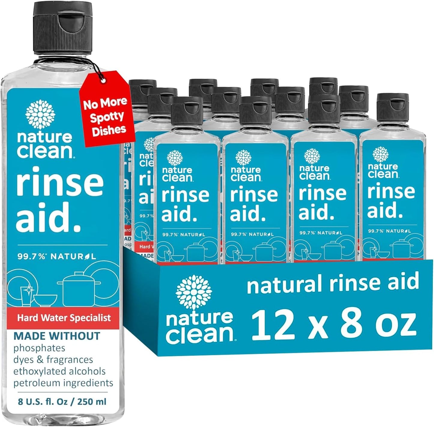 All Natural Dishwasher Rinse Aid Cleaner, Liquid Dishwasher Rinse Agent for Spot-Free Glass & Cutlery in Hard Water, Non Toxic Dish Washer Rinse Aid & Stain Remover, 8 oz/250ml, Pack of 12