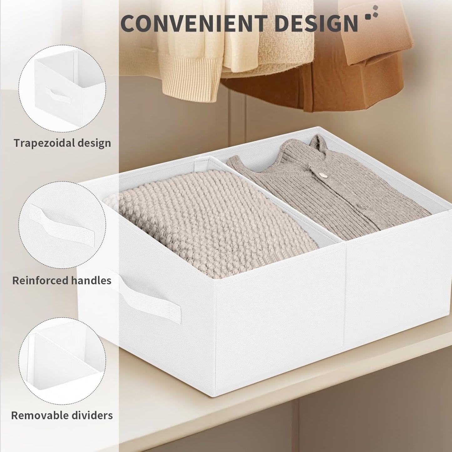 DIMJ Large Closet Shelf Organizer Bins 4 Packs with Handles and Divider, Fabric Trapezoid Storage Baskets, Foldable Clothes Containers Box for Shelf, Towel, Book, Toy, Purse, Hats, White