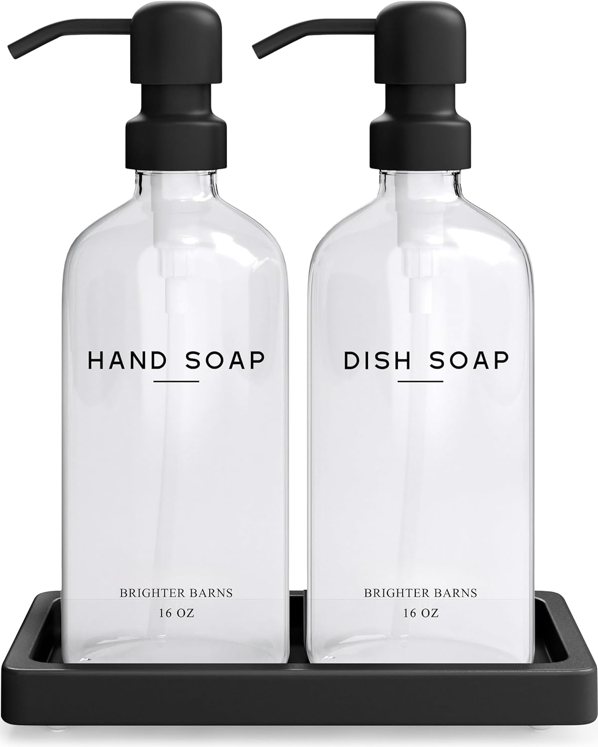 Glass Hand and Dish Soap Dispenser Set by Brighter Barns - Kitchen Soap Dispenser Set with Tray, Stainless Steel Pump - Glass Bottles for Sink - Black Kitchen Accessories for Home, Hotel, Gift (Clear)