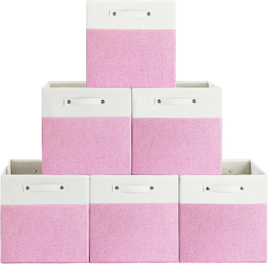 13 x 13 Inch Fine Linen Storage Bins with Handles，Fabric Cube Boxs，Collapsible Basket Organizers for Shelves for Home, Closet Drawers (White/Pink-6 Pack)
