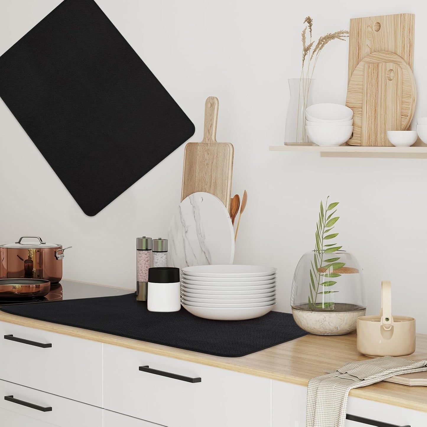 Hushee 2 Pack Extra Large Dish Drying Mat Microfiber Absorbent Dish Drying Pad Large Size Dishes Drainer Mats for Countertop, Sink, Refrigerator or Dryer (30 x 24 Inch,Black)