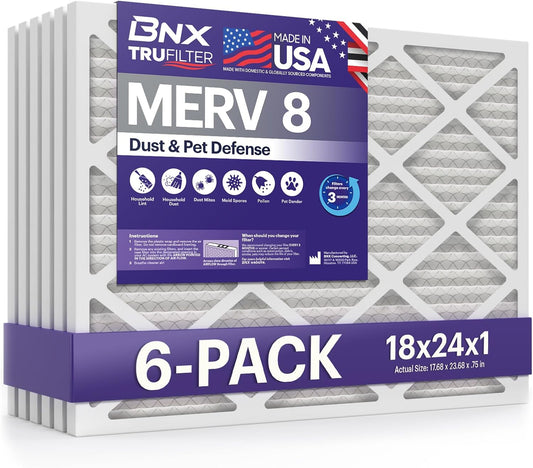 BNX TruFilter 18x24x1 Air Filter MERV 8 (6-Pack) - MADE IN USA – Dust & Pet Defense Electrostatic Pleated Air Conditioner HVAC AC Furnace Filters for Dust, Pet, Mold, Pollen MPR 600 – 700 & FPR 5