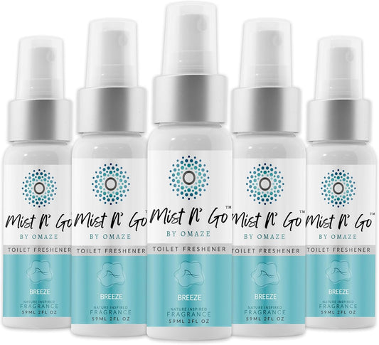 Mist N’ Go by Omaze Travel Bathroom Spray for Toilet Spray Odor Eliminator - Travel Toilet Spray for Bathroom Air Freshener Spray for Bathroom Deodorizer - Breeze Regular Size (2oz x5)