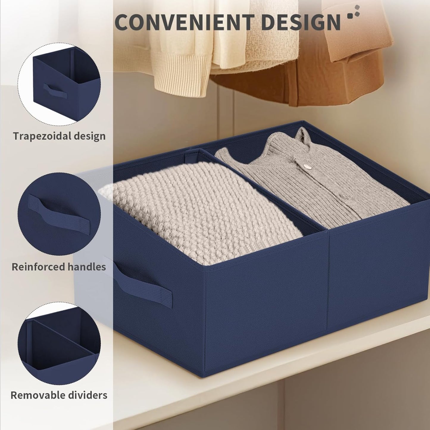 DIMJ Large Closet Shelf Organizer Bins 6 Packs with Handles and Divider, Fabric Trapezoid Storage Baskets, Foldable Clothes Containers Box for Shelf, Towel, Book, Toy, Purse, Hats, Navy Blue