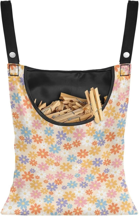 2 Pcs Flower Clothes Pin Hanging Bag, Clothespin Bag Organizer Clothes Pin Bag to Hang on Line with Large Opening Washable Clothespin Storage Bag